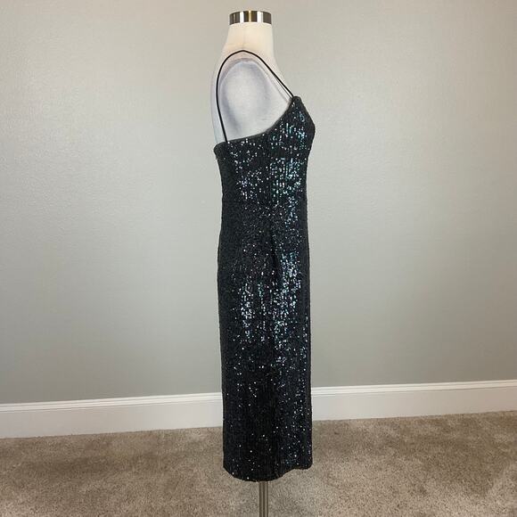 Black Sequined Cocktail Dress Size 6 Sleeveless Midi Sheath by AQUA - Picture 3 of 12